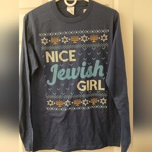Port & Company Navy Long Sleeve T-Shirt – “Nice Jewish Girl” Motif, Size Small,